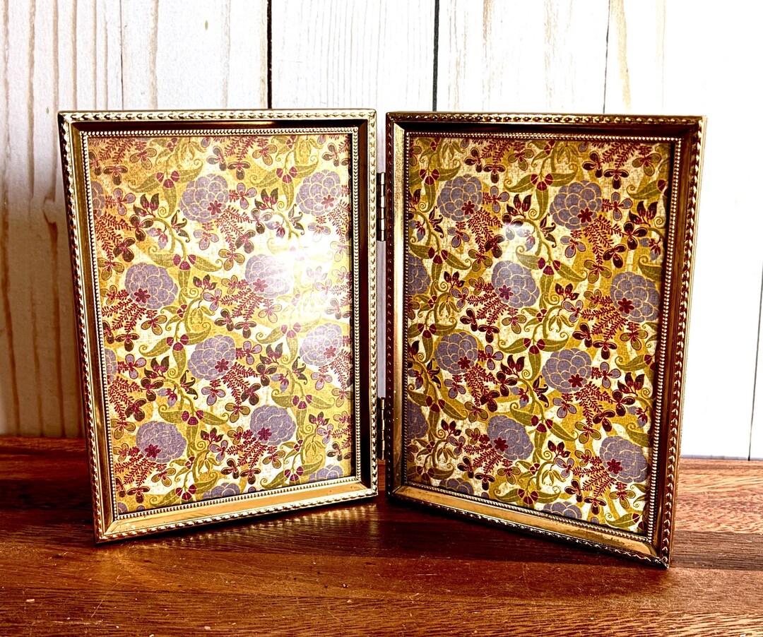 Vintage Gold Tone Metal Bi-fold Picture Frame: 3.5x5 Double Photo Frame ...