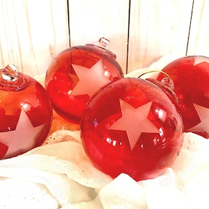Vintage Art Glass Ornaments in Red with Frosted Cut Stars 3.5” Christmas Tree Ornaments Set of 4