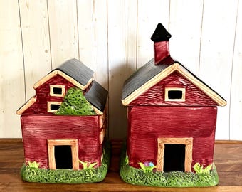 Vintage Sakura Warren Kimble Red Barn Ceramic Canisters Small and Medium Set of 2