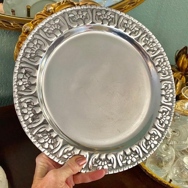 Vintage Round Pewter Serving Platter or Charger 11.25 in Silver Anniversary Silver Decor