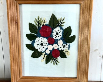 Vintage Framed Leisure Arts "Posey Bouquet" Crewel Red Roses White Posies