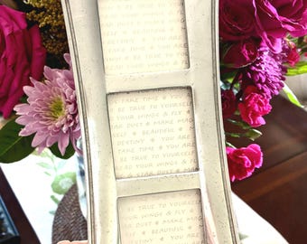 Vintage Pewter Triple Picture Frame: 2.5" Square Photos, Velvet Back