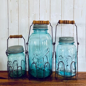 Antique Aqua Blue Ball Mason Jars, Pint, Quart, Half Gallon, Zinc Lids Wire Bail Holders