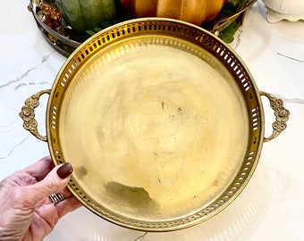 Vintage Solid Brass Tray Reticulated Round Floral Detailed Handles Decorative 9.5 in Serving Vanity Tray Brass Deco