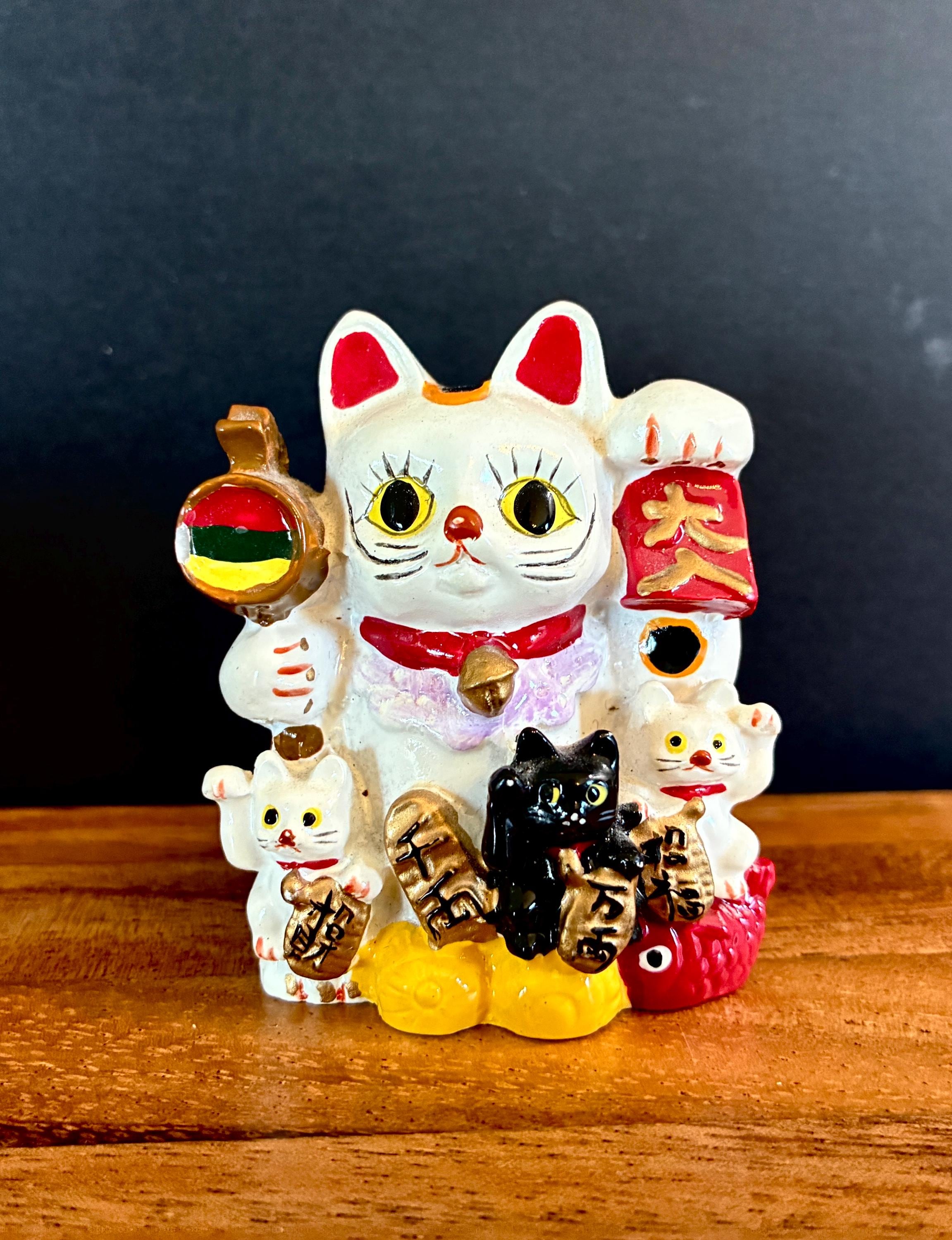 Vintage Maneki Neko Cat & Kittens Lucky Cats 2” Porcelain
