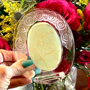 Vintage Crystal Frame 2” x 3” Oval Photo Frame Frosted Roses Topper Freestanding Picture Frame