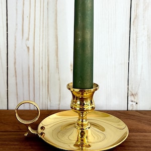 Vintage Solid Brass Round Handled Candlestick Holder for Taper Candles Gold Brass Decor