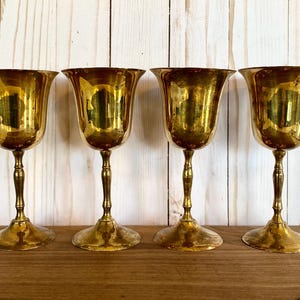 Vintage Solid Brass Set of 4 Wine Goblets 6.25” Gold Wedding Tablescapes Shabby Chic Goblets Hollywood Regency Decor