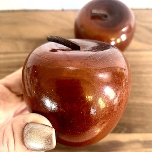 Handcrafted Vintage Shiny Wooden Apple with a Leather Stem Apple Decor Teachers Gift