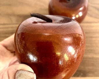 Handcrafted Vintage Shiny Wooden Apple with a Leather Stem Apple Decor Teachers Gift
