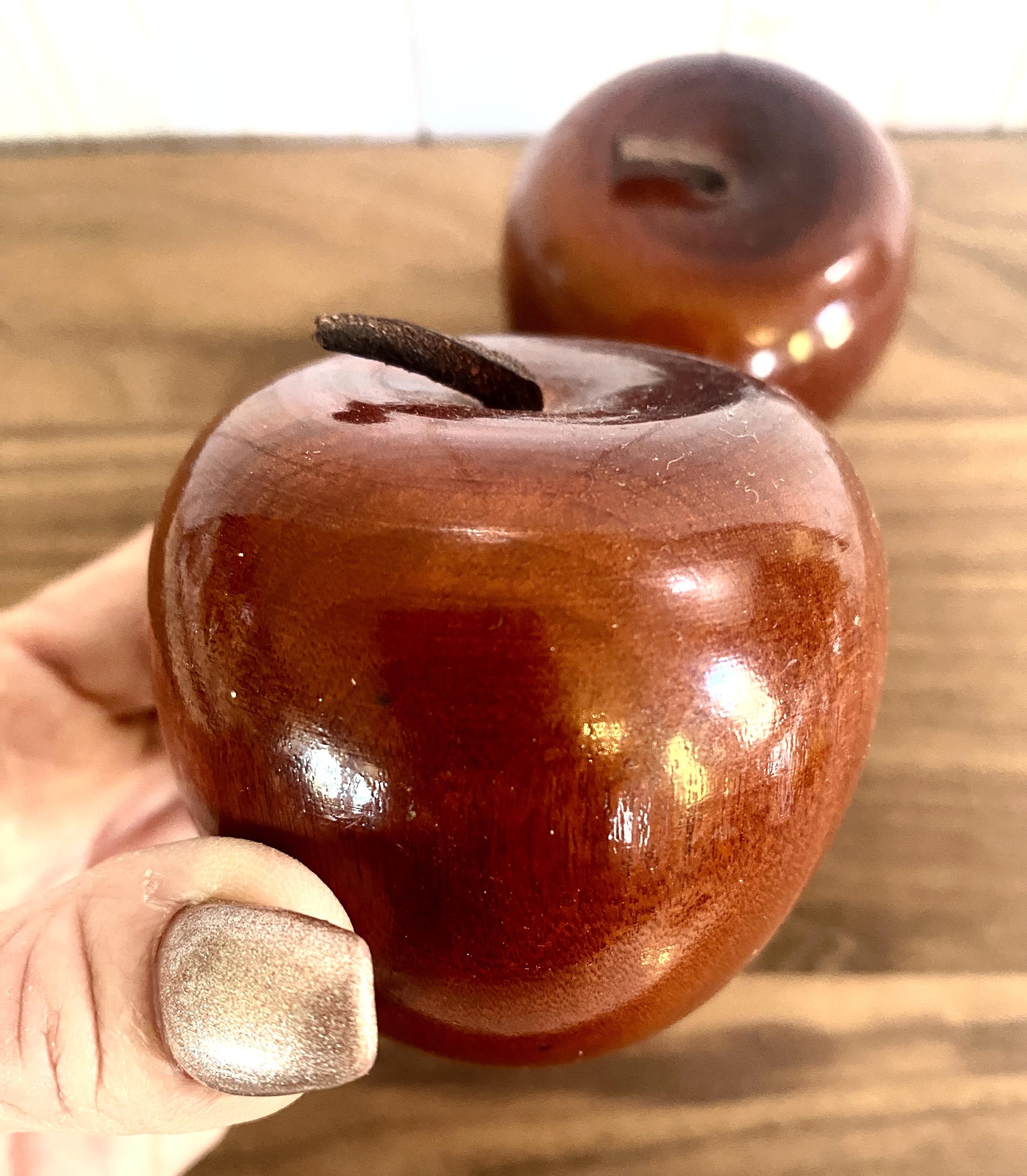 Handcrafted Vintage Shiny Wooden Apple With a Leather Stem Apple