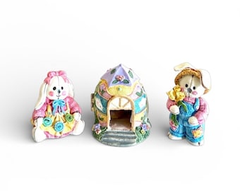 Vintage Resin Easter Bunny & Egg House Sculptures - Set of 3