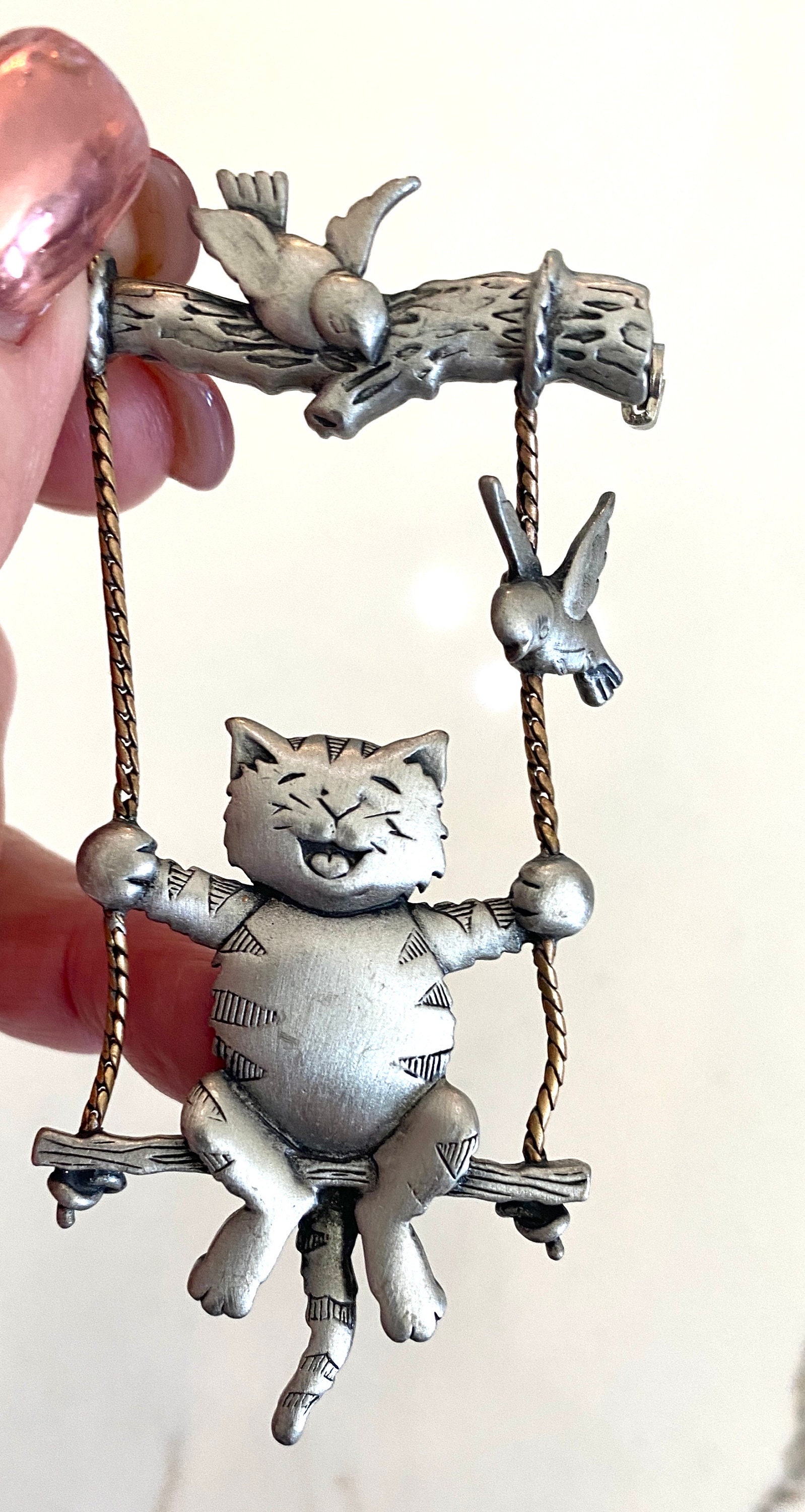 Spilla A Forma Di Gatto E Uccello In Peltro JJ Jonette - Gioielli - Foto 3