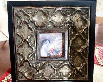 Vintage Ornate Wooden Picture Frame: Bronze & Silver Toned, 2.5" x 2.5"
