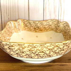 Antique Limoges France Pink Gold Scrolling Leaves & Trim Pedestal Square Fluted Shape Bowl 10.25”