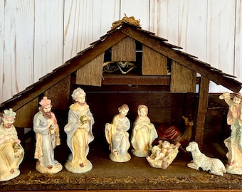 ヴィンテージ木製キリスト降誕の木製馬小屋 高さ9.75インチ x 幅18