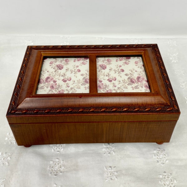 Musical Wood Jewelry Trinket Box Plays "You Light Up My Life" Music Wind Up with Photo Frame Lid