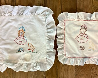 Vintage Hand Embroidered Children’s Ruffled Cottagecore Pillow Covers: Small or Large