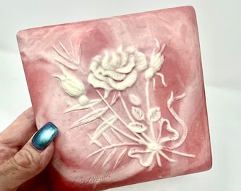 Incolay Square Pink Soapstone Jewelry Trinket Box with Raised White Rose Embellishments by Design Gifts International