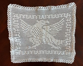 1940年代のヴィンテージ手織りリネンテーブルランナー（クロシェレース