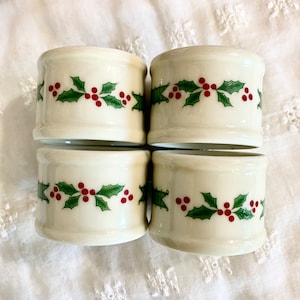 Holly Ribbon by International Set of 4 Holly and Berries Porcelain Napkin Rings Vintage Christmas Napkin Holders