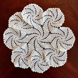 Vintage Hand Crocheted Round Off White Ruffled Doily 14” Table Topper Victorian Farmhouse Decor