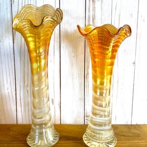 Vintage Marigold Carnival Art Glass Swung Tall Vases Fluted and Ribbed 10” & 11 5/8” Tall