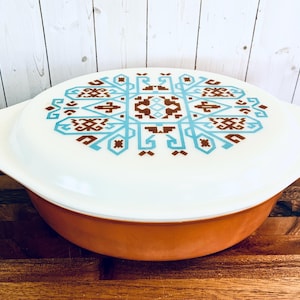 Cazuela ovalada Pyrex vintage con diseño nativo navajo 045, 2 1/2 cuartos de galón.
