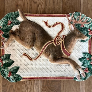 Vintage Fitz And Floyd Reindeer Holiday Leaves Handled Christmas Platter Tray 1994 21” Christmas Decor