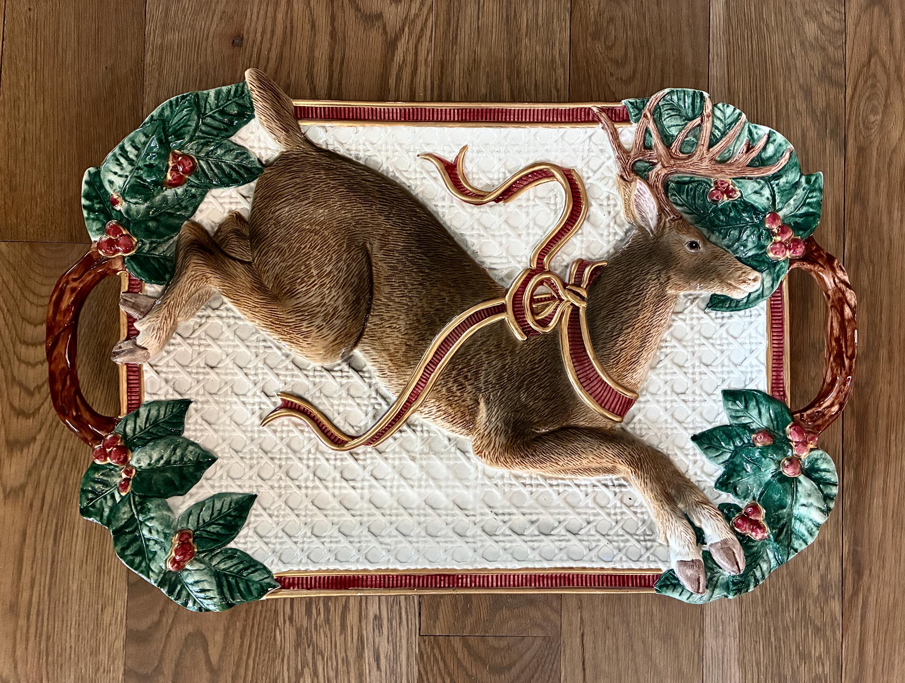 Vintage Fitz and Floyd Reindeer Platter: 1994 Holiday Leaves Tray