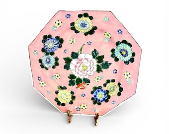 Plato antiguo japonés Kutani de porcelana rosa con medallón floral pintado a mano, Nippon, 25 cm (10 pulgadas), decorado.