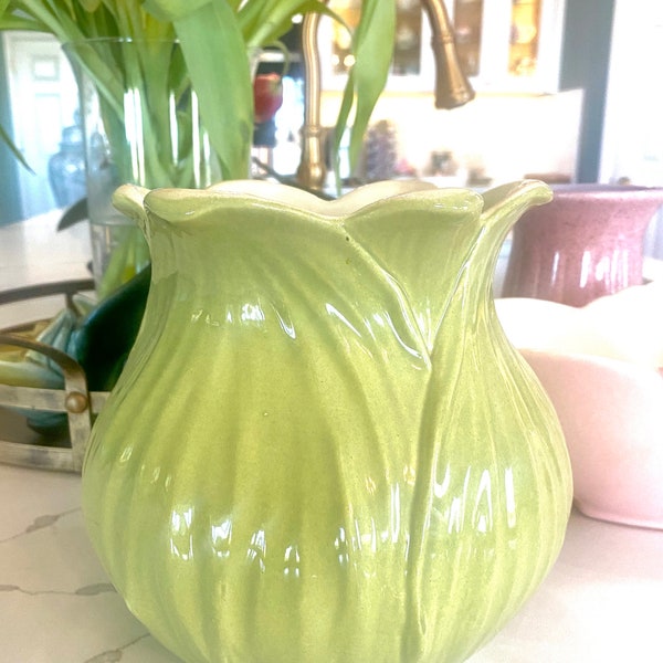 Vintage 1930s Red Wing 896 Large Green Tulip Ceramic Green 7” Tall Vase Planter for Flowers Mothers Day Gifts