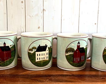 Vintage Sakura Warren Kimble “Brandon House” Red Barn Coffee Mugs Set of 4