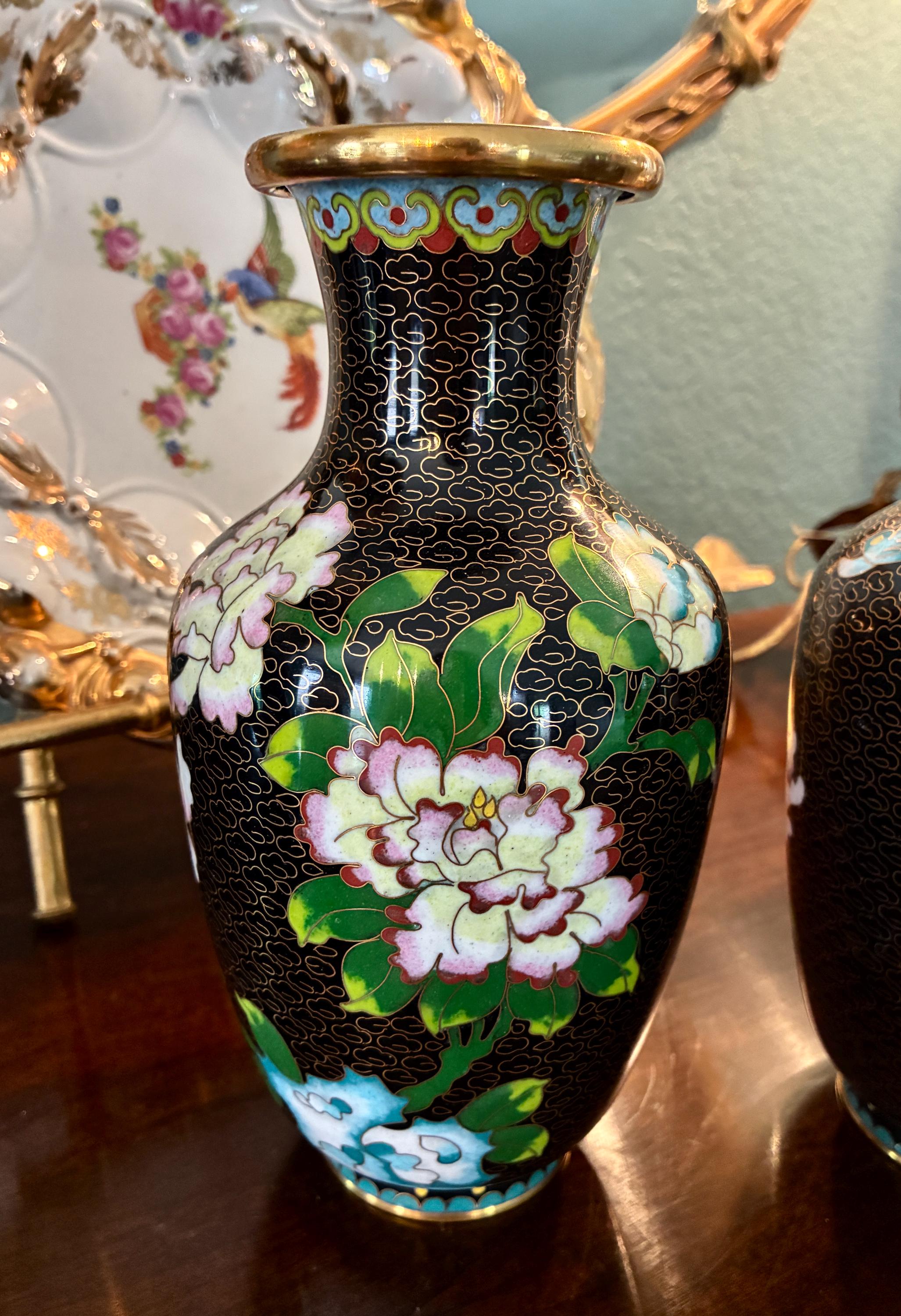 Vintage Chinese Cloisonne 8” Vase for Flowers Pink Florals on