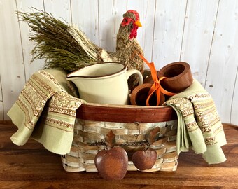 Vintage Americana Apple Basket: Bristle Rooster, Cloth Napkins, Napkin Rings, Creamer