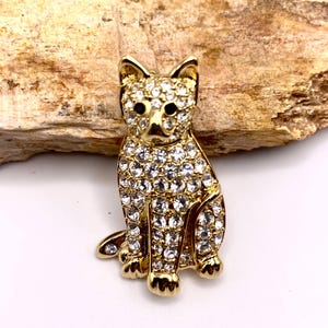 Vintage Cat Pin Carolee Style with Pave Rhinestones Kitty Brooch Figural Gold Tone
