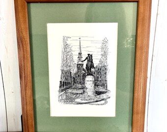 1967 Framed Pen and Ink Art Print by artist Clark M. Goff the Paul Revere Statue and Old North Church