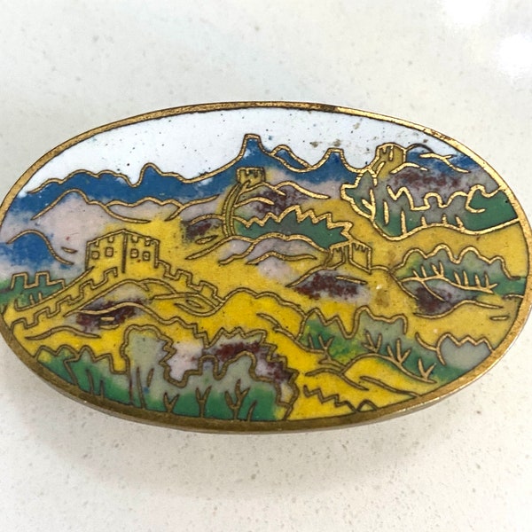 Antique Chinese Cloisonne Yellow Enamel Seascape Palm Leaf Trim Oval Trinket Jewelry Stash Pill Box