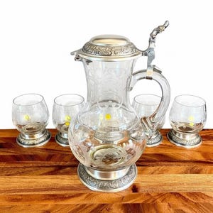 Vintage Alfred Taube Crystal Decanter Set, Pewter Lid & Etched Glasses