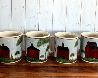 Vintage Sakura Warren Kimble Red Barn Coffee Mugs Set of 4
