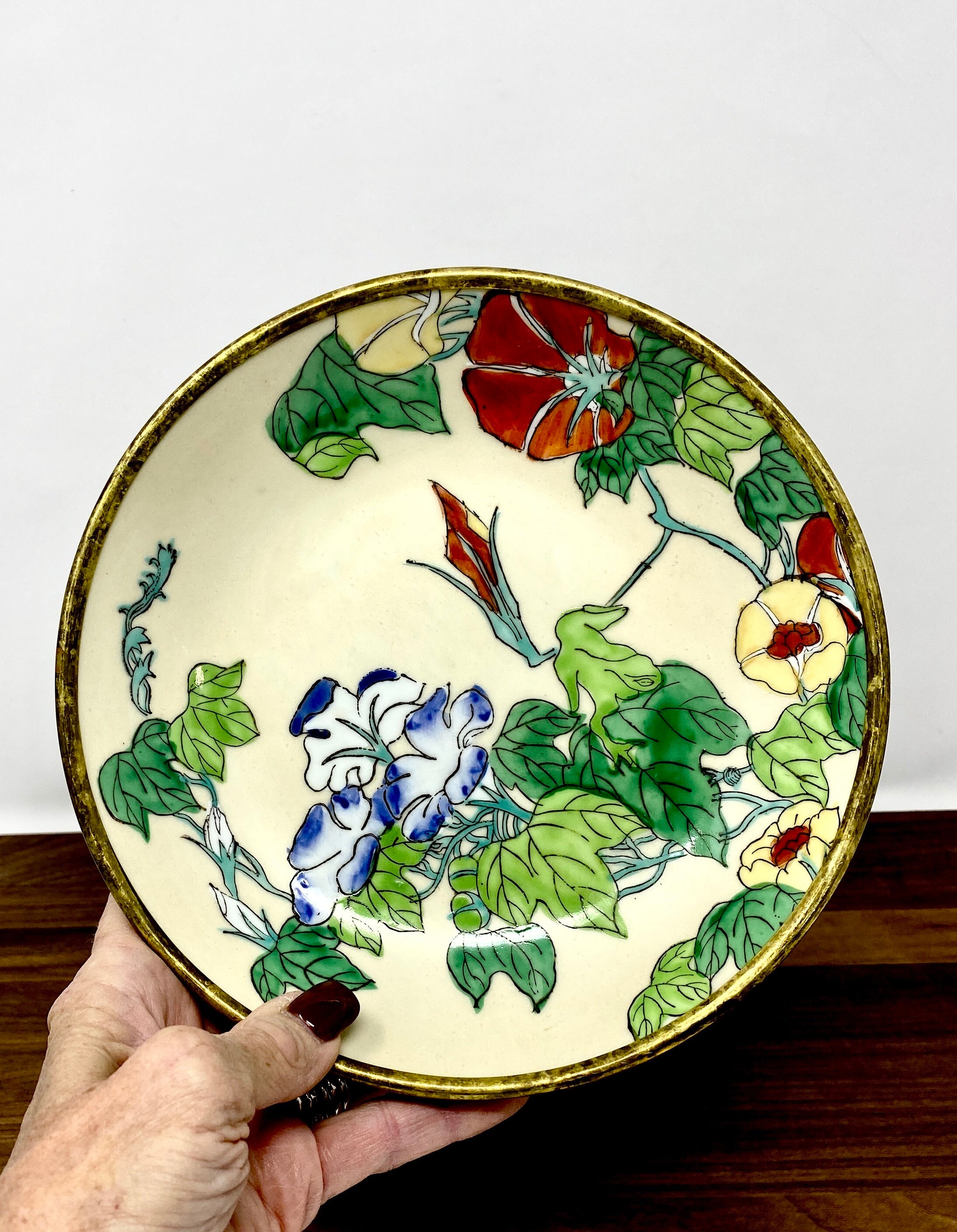 Vintage Japanese Handcrafted Porcelain Bowl With Leaves and