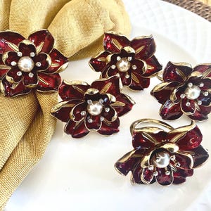 Vintage Metal Poinsettia Napkin Rings with Pearl & Rhinestones Gold Trim Napkin Holders Christmas Tablescape Set of 5