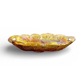 Vintage Indiana Glass Carnival Glass Lily Pad Sunflower Handled Dish