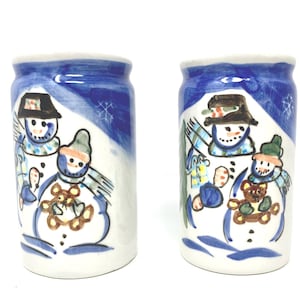 Saleiro e pimenteiro com tema de boneco de neve de cerâmica vintage, presente de Natal e inverno da Tabletops Unlimited