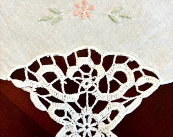 Vintage White Linen Tablecloth: Hand Embroidered Pink Floral Table Topper