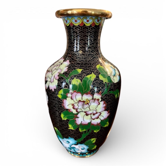 Vintage Chinese Cloisonne 8” Vase for Flowers Pink Florals on