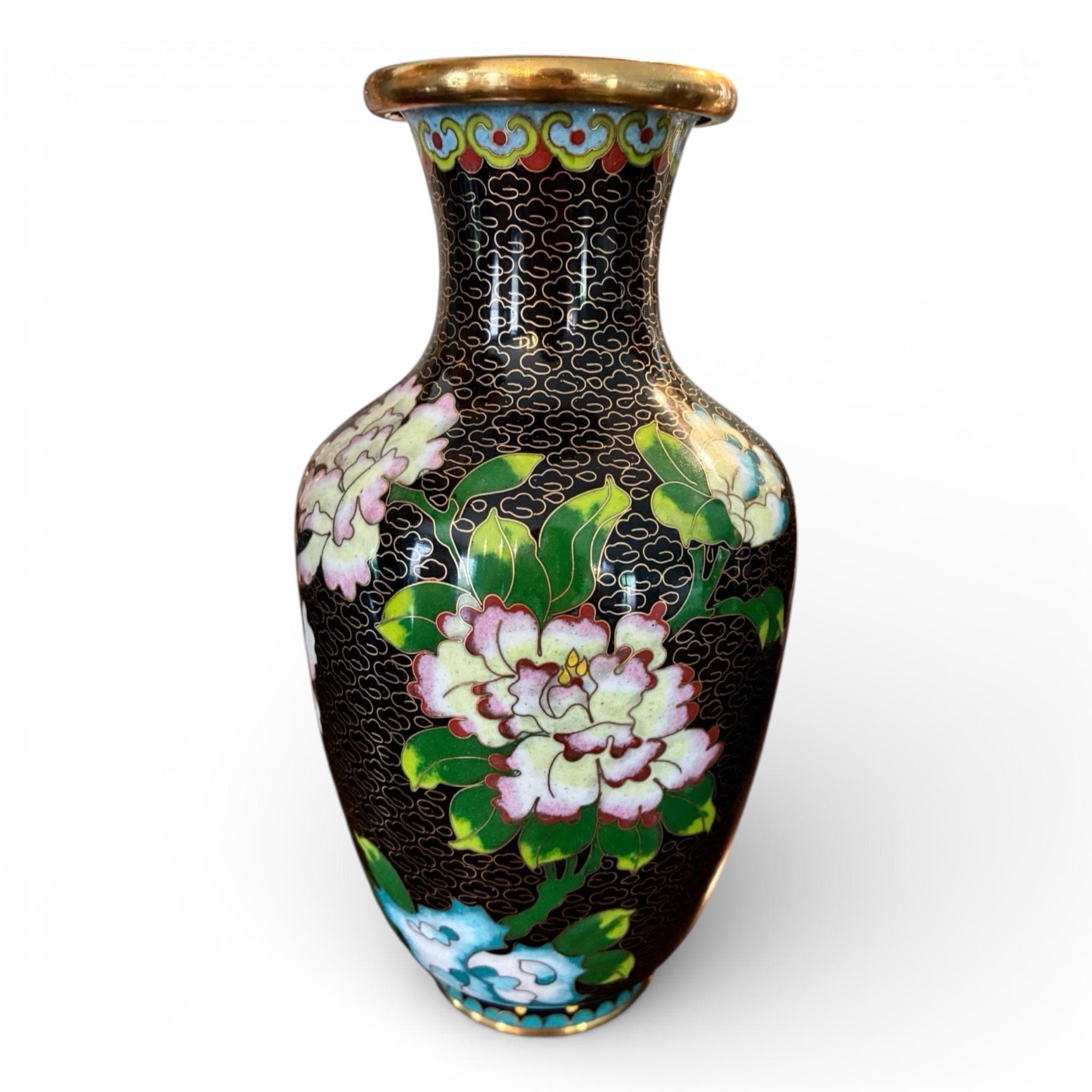 中国七宝焼き花瓶 - Chinese Cloisonné Floral Vase Vintage Chinese Cloisonne 8” Vase for Flowers Pink Florals on