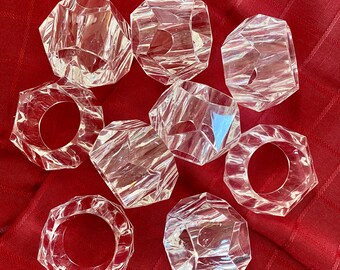 Vintage MCM Clear Lucite Acrylic Faceted Round Napkin Holder Rings Set of 6