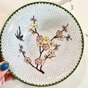 Vintage Japanese Cloisonné Bowl: Cherry Blossoms and Birds, 6”