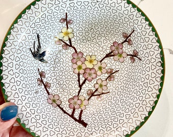 Vintage Japanese Cloisonné Bowl: Cherry Blossoms and Birds, 6”